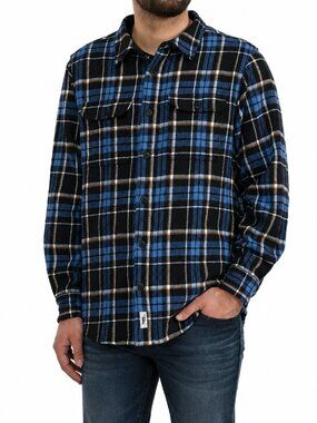 FRANK AND OAK Cotton Plaid Flannel Shacket Jacket Blue Black Medium Outdoor